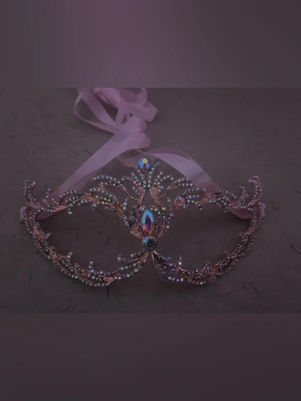 Rose Gold Crystal Venetian Masquerade Mask Rhinestone Filigree Pink Ribbon NWOT